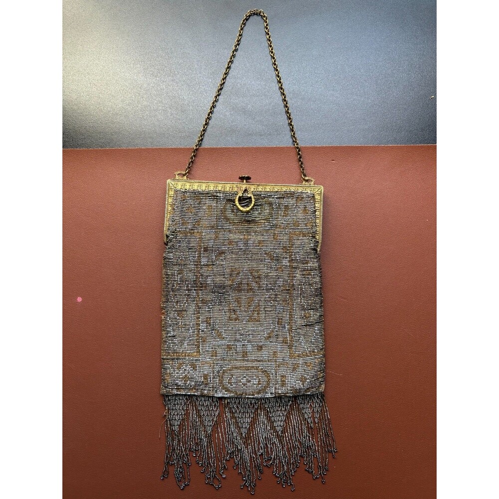 Antique FRENCH Art Deco Gold Silver Handmade Steel Beaded Fringe Flapper Purse - Picture 2 of 10